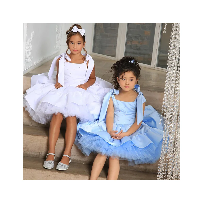 Ballet Layered Mesh Tutu Bow Shoulder Kids frocks Ball Gown Birthday Wedding Princess Party Clothing for Girl Dress
