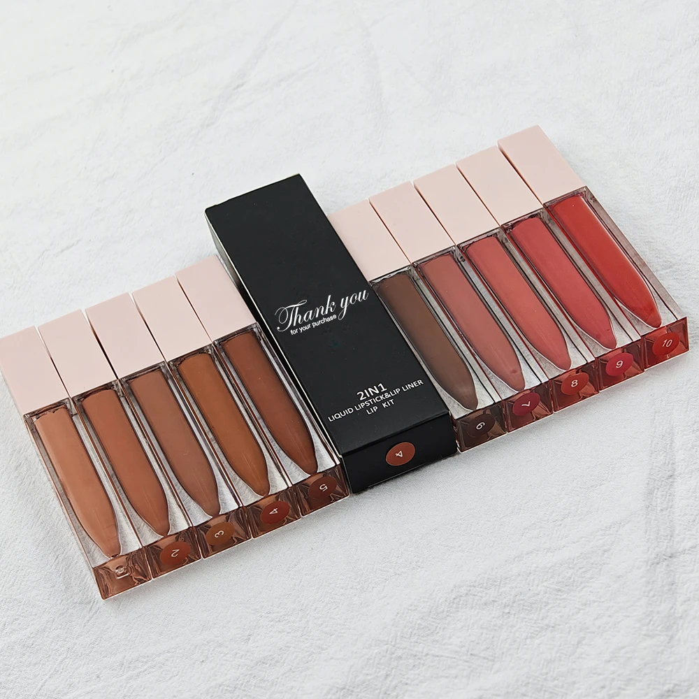 2 in1 liquid lipstick and lipliner set longlasting matte lip gloss and lip liner pencil sets box private logo vegan cosmetic kit