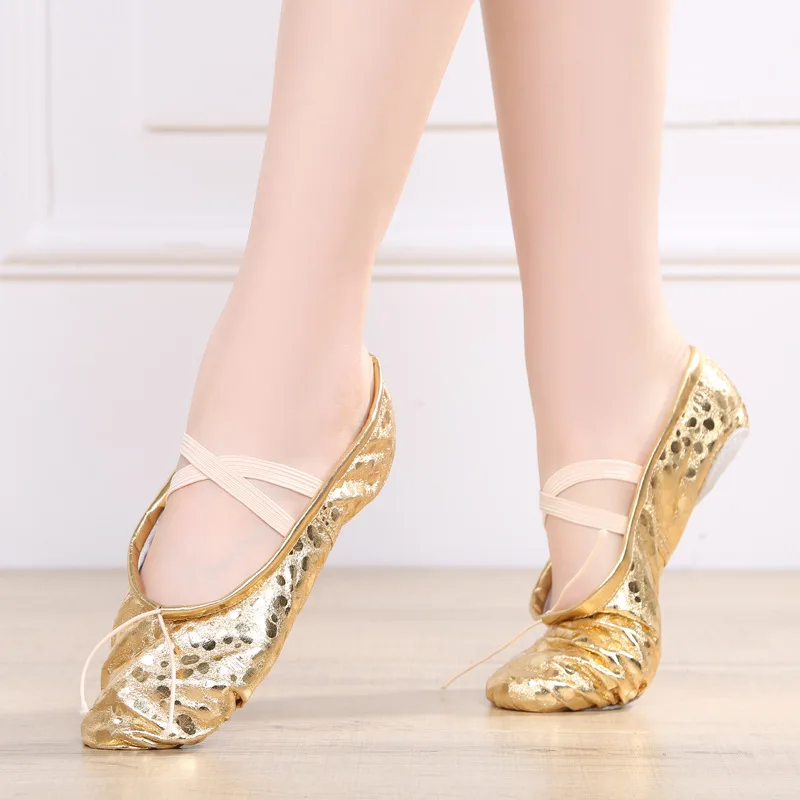 Hot selling children dance shoes adult cat claw ballerina soft bottom practice gold leather silver performance yoga shoes