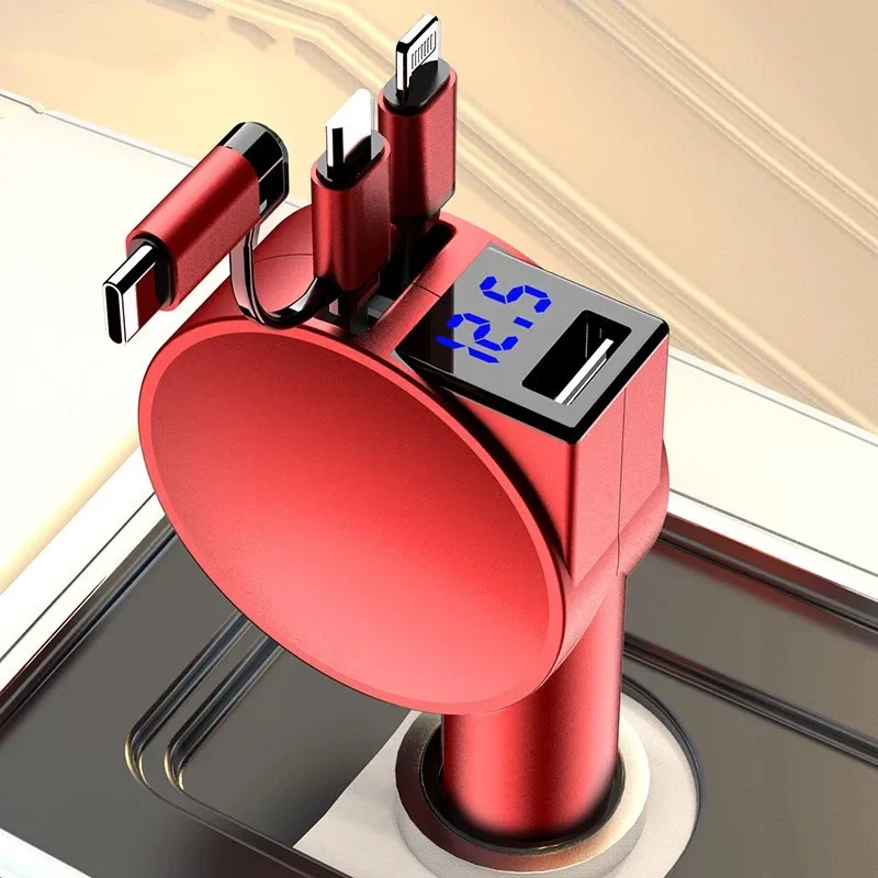 New 60W Super Fast Charging 3-in-1 Car Charger with Telescopic Charging Cables and Adapters For Android IOS Phone