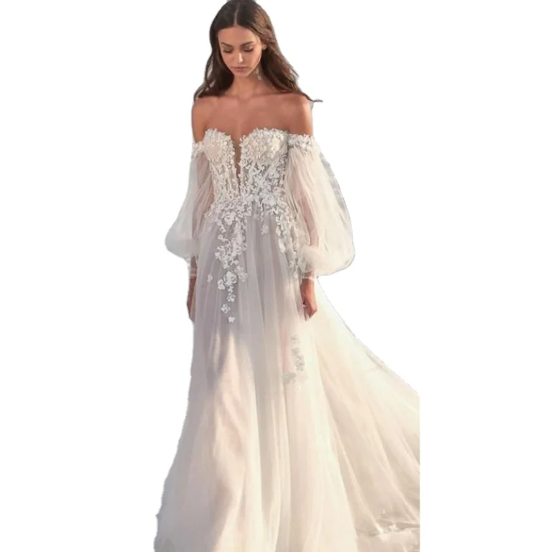 Off Shoulder Puff Sleeve Floral Lace Corset A Line Boho Wedding Bridal Dress Lace Beach Wedding Dresses That Are Fantastic