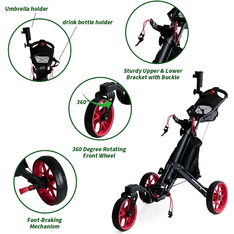 Hot Sales 360 Degree Rotating Front Wheel Aluminum Easy Folding 3 Wheels Golf Trolley Compact Golf Push Trolley for Clubs