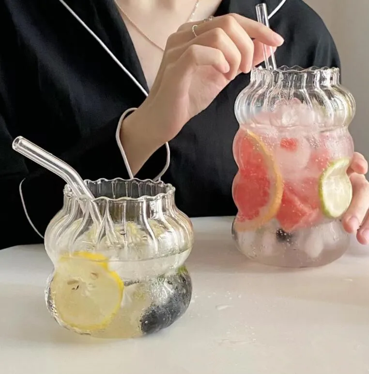 transparent cold drinking juice cup fat Borosilicate glass cup with straw
