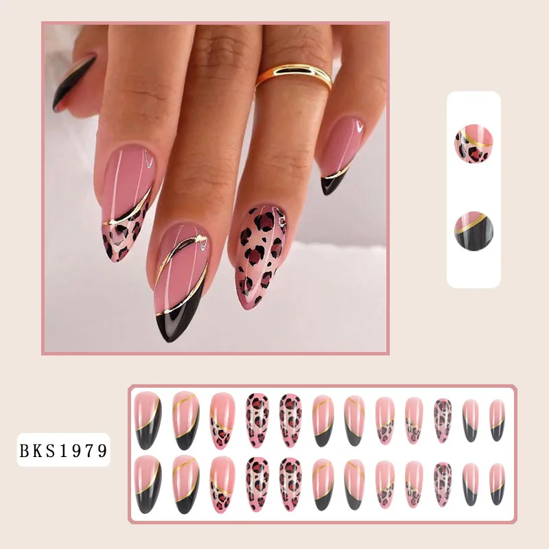 New designer almond shape matte fake artificial nails blue line pattern press on nails