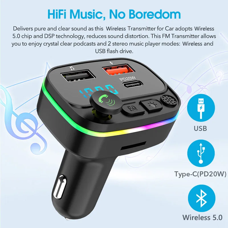Colorful Light 2 Usb Type C PD 20W Fast Charging FM Modulator Handsfree Car Kit FM Transmitter Wireless Car Mp3 Player