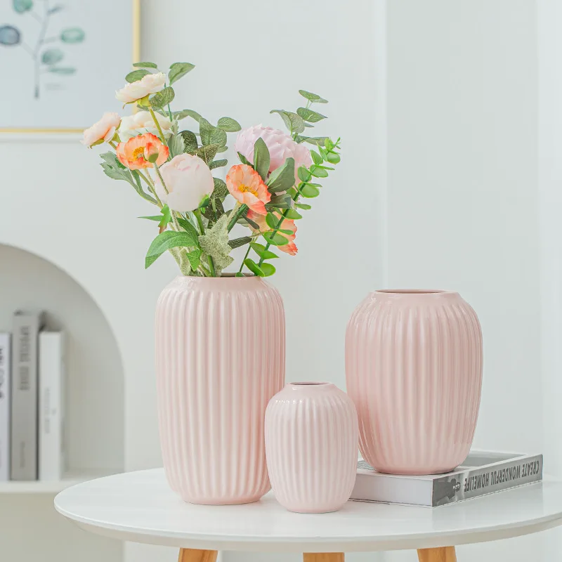 Wholesale White Pink Green Blue Ribbed Pleated Nordic Modern Ceramic Flower Vase