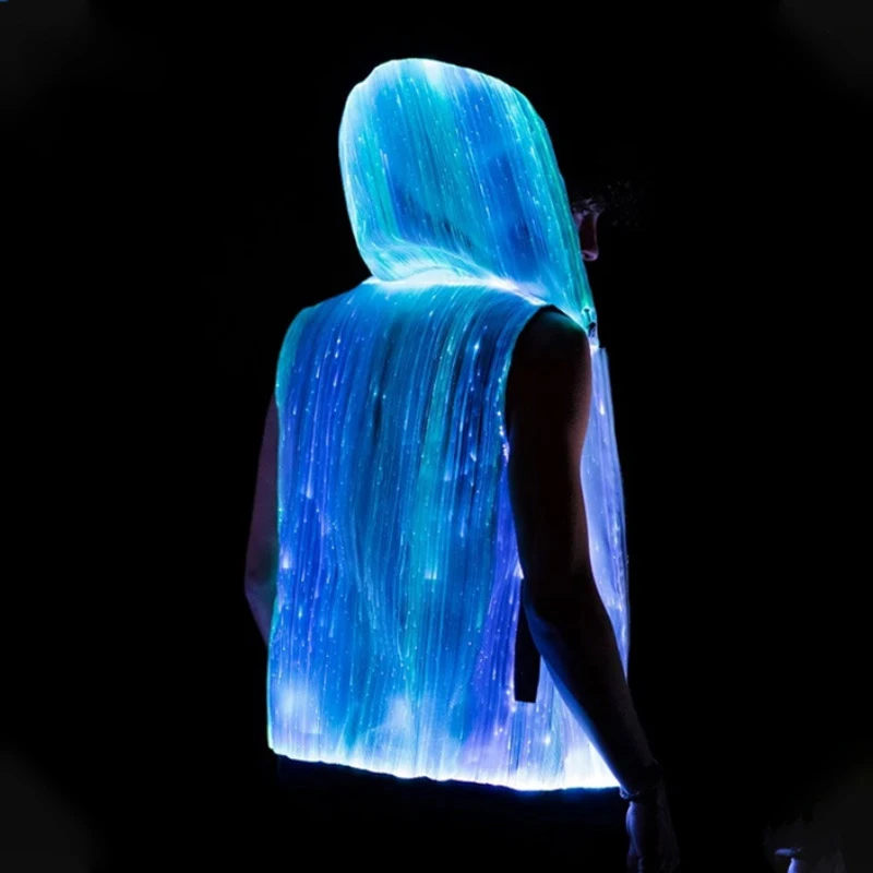 Sleeveless Hood Led Light Jacket Night Outdoor Sports Optical Fiber Luminous Flashing Glowing Jacket With Chasing Led Light