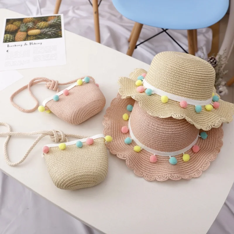 FREE SHIPPING CUSTOM kids baby children toddler sun summer beach girl straw cap hat and bags set with purse bag for kids BABY
