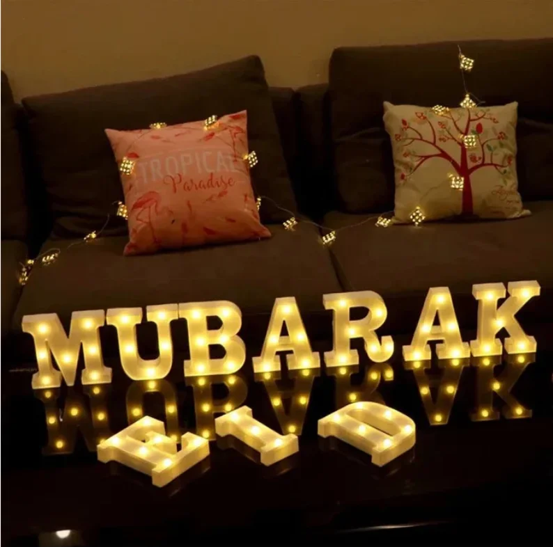 Pafu muslim home party table decoration ramadan mubarak led letter sign star moon lights white eid light up letters