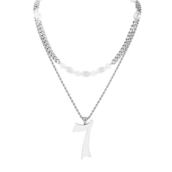 Hot Selling Hip Hop Fashion Jewelry Stainless Steel Splicing Beaded Double Chain Digital Seven Pendant Necklaces