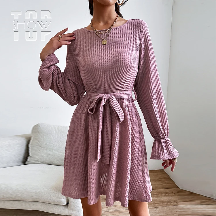 Летнее дышащее трикотажное женское Повседневное платье на заказ, праздничные пикантные платья с длинным рукавом и поясом, хлопковое платье-трапеция с воланом и круглым вырезом