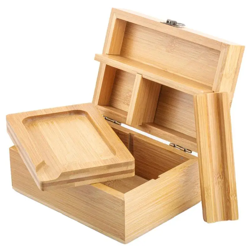 Custom Eco-friendly Bamboo Wooden Stash Organizer Box with Rolling Tray Combination Lock