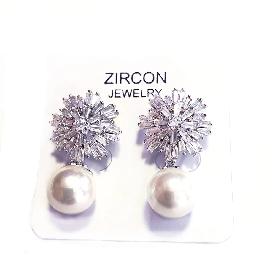 925 Sterling Silver Earrings Women Pearl Ear Stud Zircon Dangle Earrings