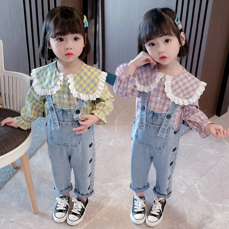 New Kids Girls Fall Spring Clothing Lovely Plaid Shirts Suspender Jeans Baby Sets Clothes Korean Style Wholesale