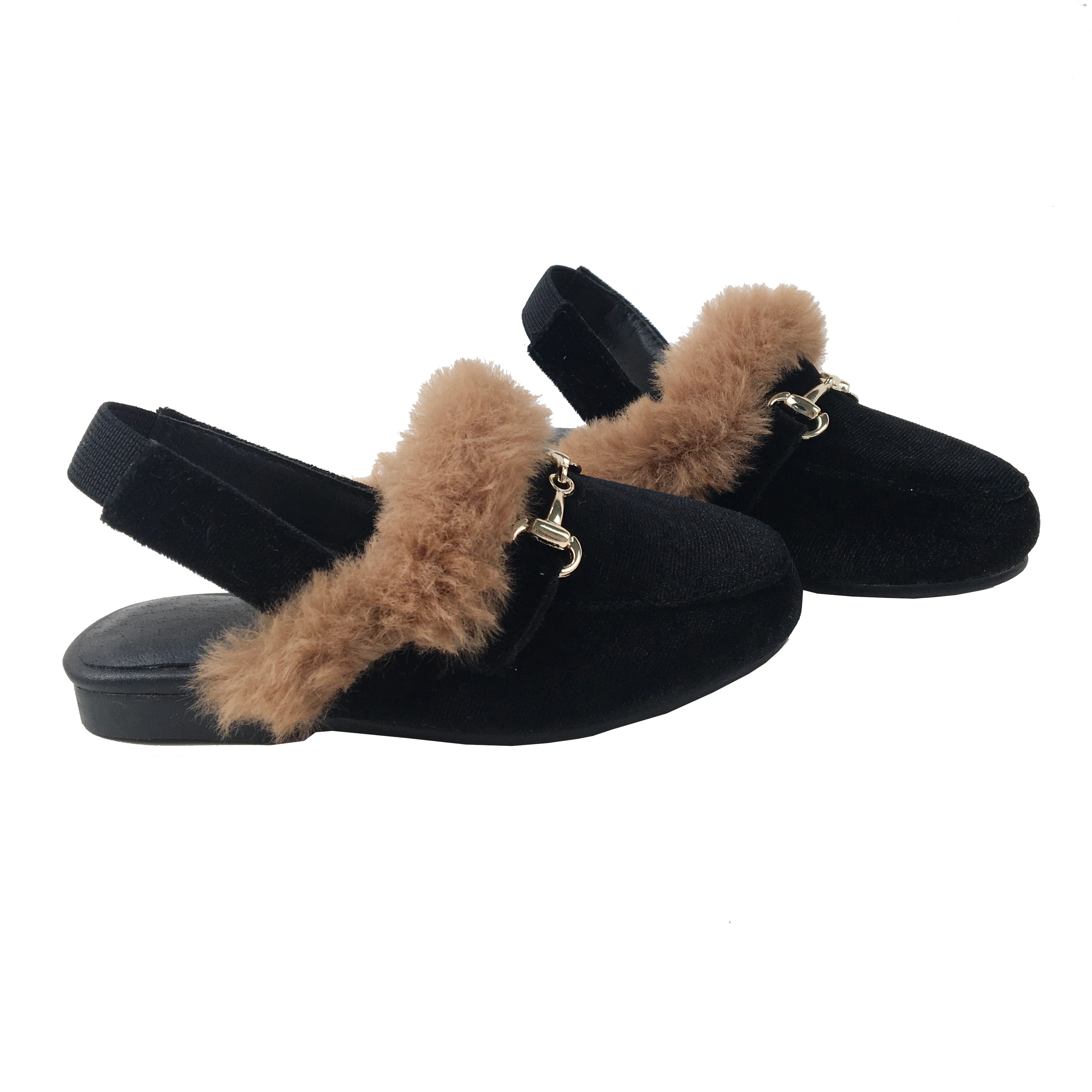 Black Velvet Winter Girls Loafer Shoes with Gold Chain Front Flats Children Slingback