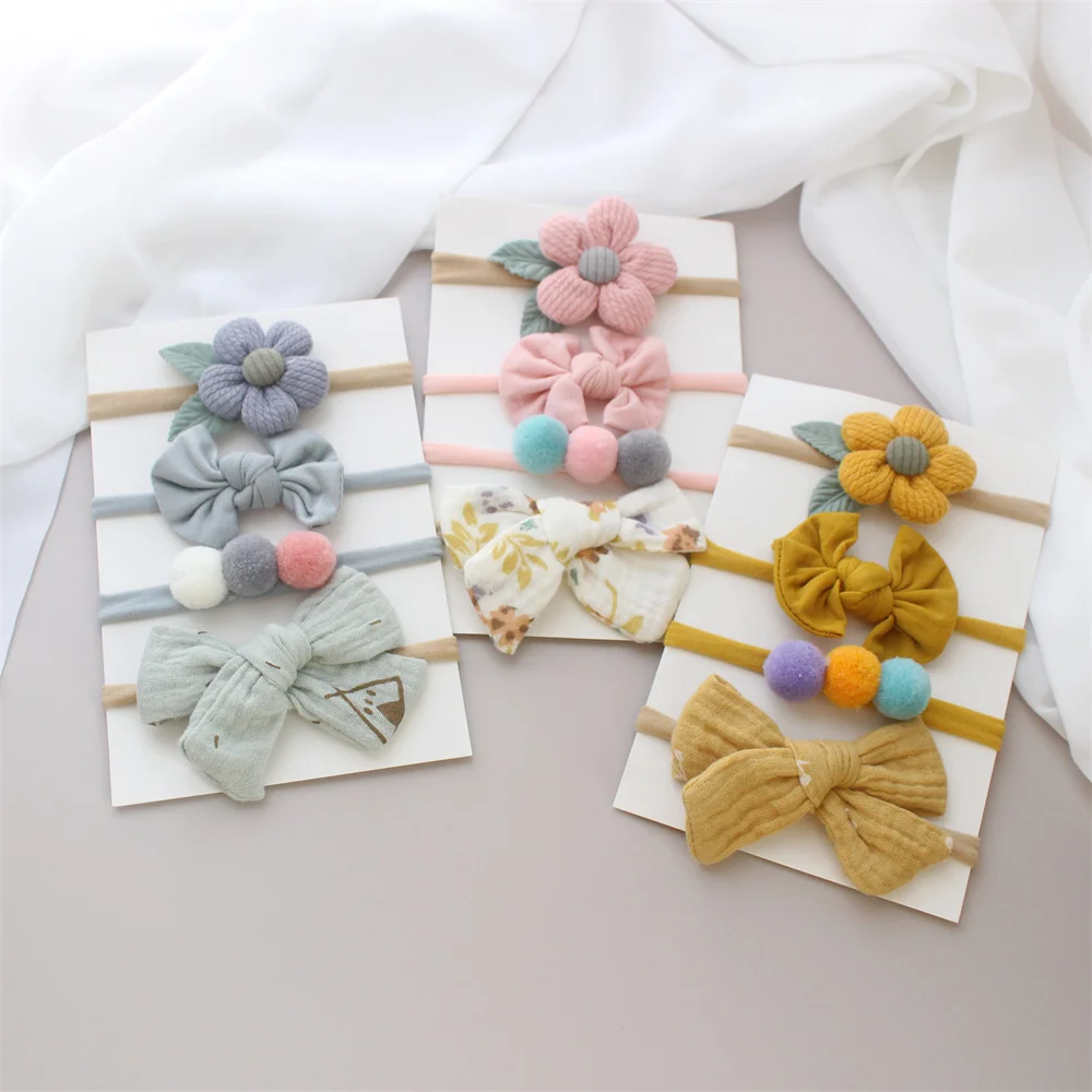 4pcs One Set Baby Flower Headbands Bows For Girls Cotton Pompom Elastic Hair Bands Newborn Knot Hairband Kids Accessories