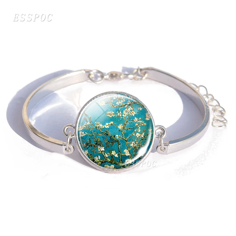 Van Gogh Art Oil Silver Metal Bracelet Men Women Fashion Glass Cabochon Dome Convex Starry Night Jewelry Sunflower Fashion Gift