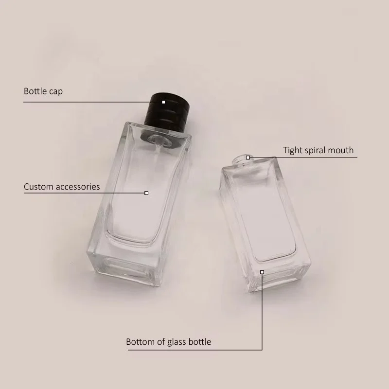 Hot Sale Recyclable Clear Square Transparent Flat Shoulder Perfume Spray Glass Bottle with Black Lid 100ml