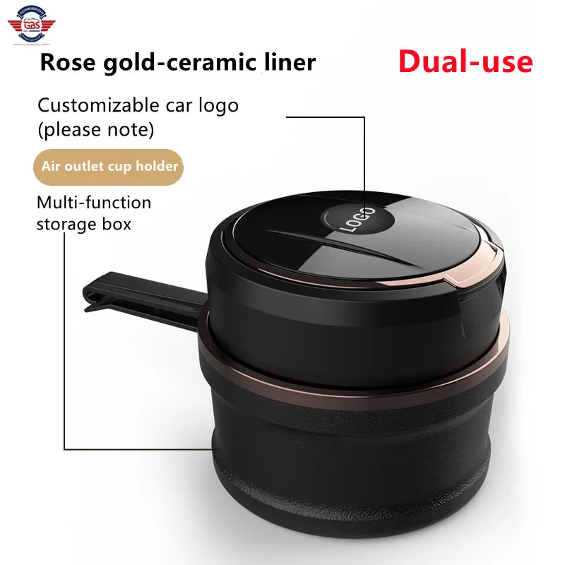 High quality customized  logo air outlet cup holder ceramic liner LED multi-function ashtray for car