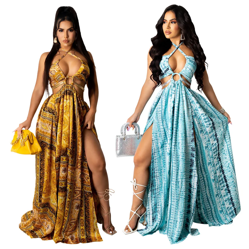 OEM ODM Wonderfulsportz classic print large hemline long casual dresses women sehe fashion