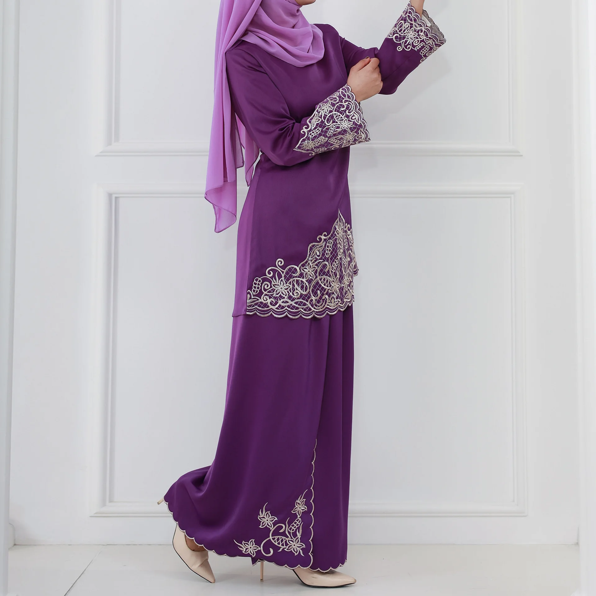 Embroidered Middle East Two-piece Set arabic muslim dress malaysia islamic clothing Baju Kurung Muslim Dress 6