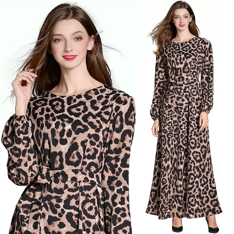 
KEYIDI Islamic Dubai Muslim Women Leopard long Dress With Belt 