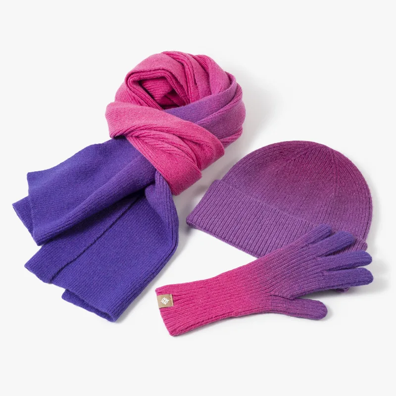 Wholesale Cashmere Warm Knit Gradient Color Scarf Beanie Gloves Set