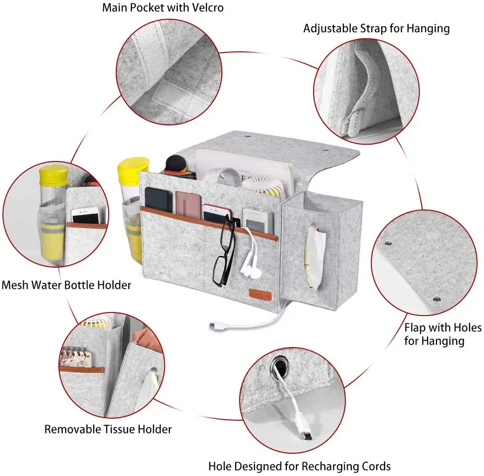 Light Grey Felt Bed Storage pocket  hanging bedside organizer