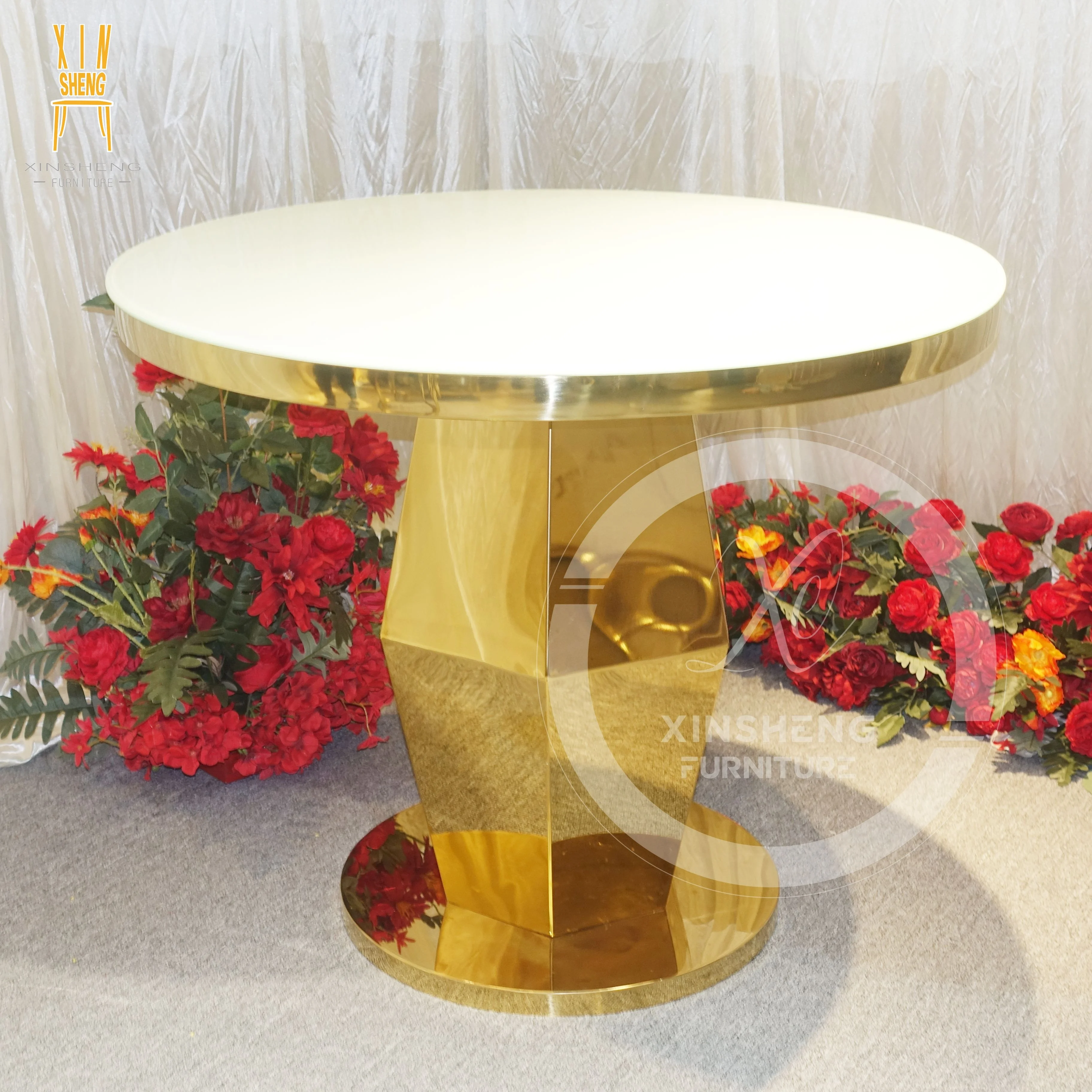 Gold Stainless Steel Round White MDF cake Wedding Table for Event