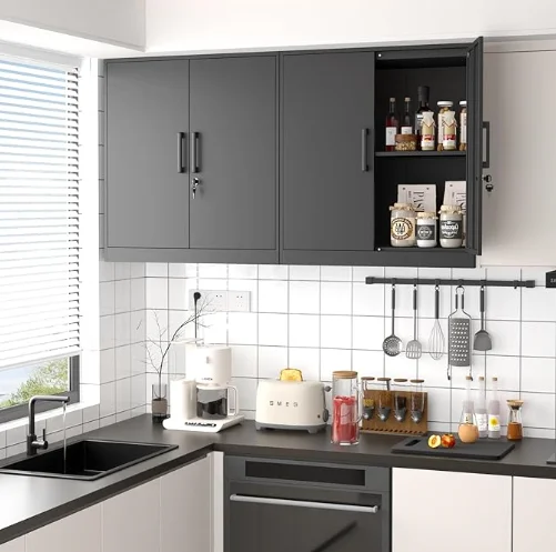 Metal Wall Black Garage Cabinet with 2 Doors Hanging Storage Cabinets with Handle Locking Cabinet Shelves For Garage Living Home