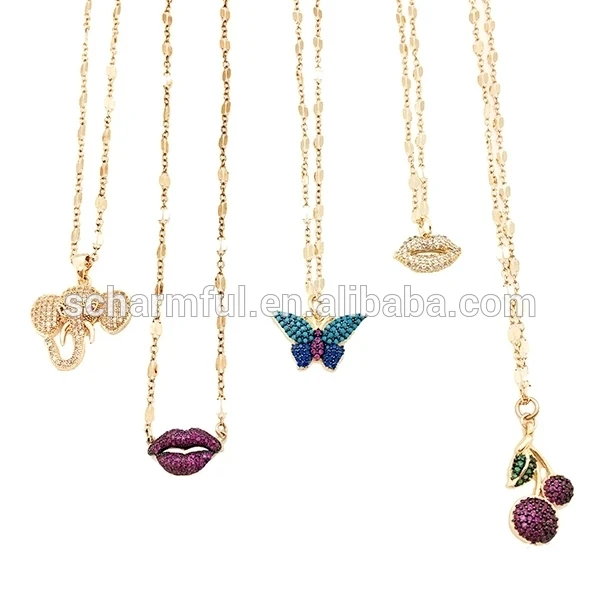 NS20082 Pave CZ Beads Lips Charm And Butterfly Elephant Charm Pendant With Gold Electroplated