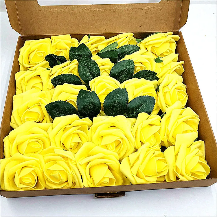 Wholesale 8CM Artificial Rose With Leaves 25PCS Home Decoration PE Simulation Rose Flower Foam Flowers DIY Gift For Wedding