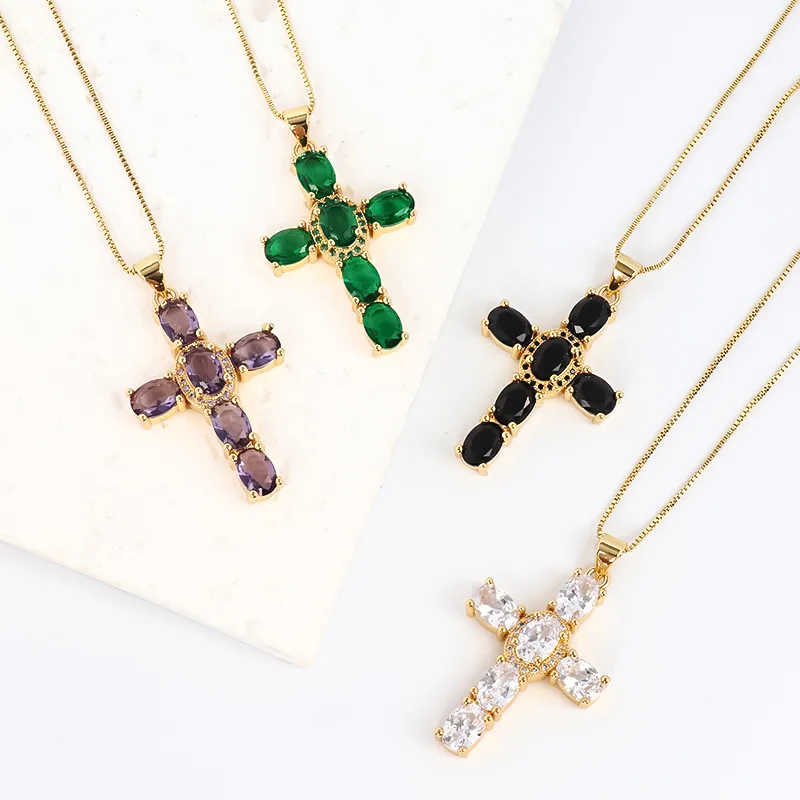 Fashion Gold Plated Multi Color Oval Shape Crystal Zircon Cross Pendant Necklace For Lady Gift