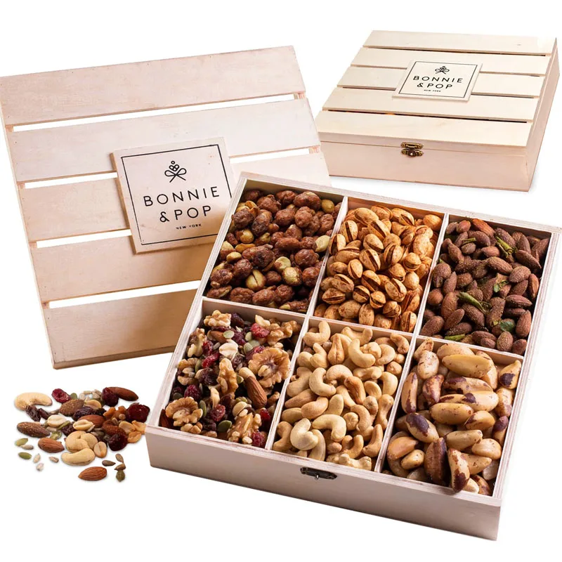 Wholesale Dry Fruits Gift Box Nut Gift Basket Reusable Wooden Nuts Crate Healthy Gift Option Gourmet Snack Food Box