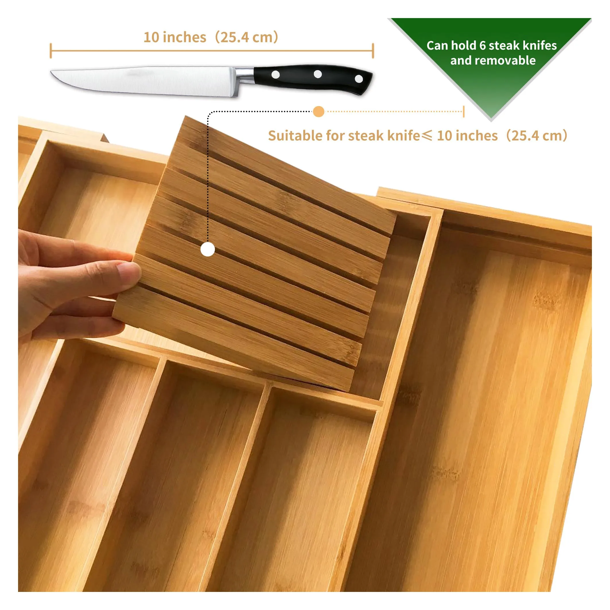 Bamboo Silverware Drawer Organizer with Knife Block Expandable Wooden Cutlery Tray Kitchen Utensil Organizer with Drawer Divide