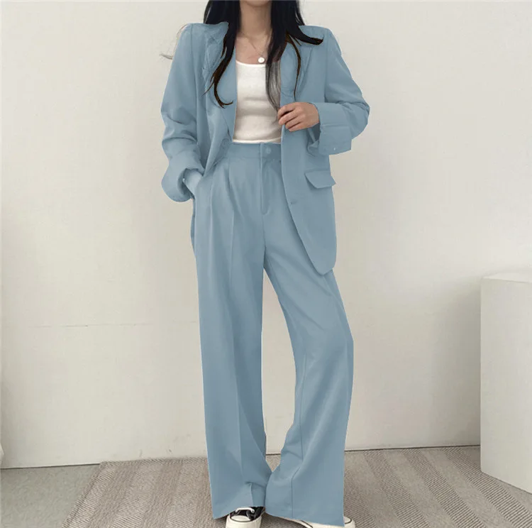 High Quality Women Set Solid Pocketed Lined Coat + Waist Suit Pants Office Lady Formal Two Piece