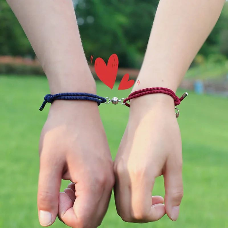 2pcs\Set New Stainless Steel Couple Bracelet A Pair of Magnet Ball Hand Men and Women Gift Friendship Charms Rope