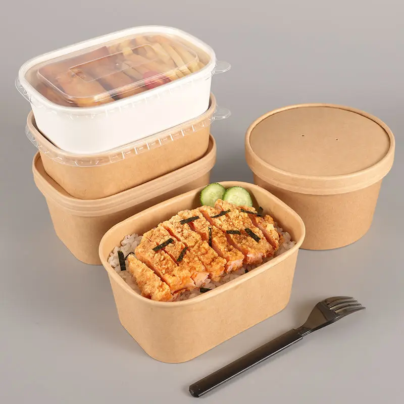 500ml 650ml 750ml 1000ml Kraft Food Container Rectangular Kraft Paper Bowl With Lid