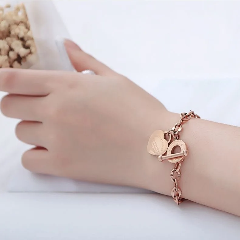 Gold Plated Stainless Steel  Couple OT Clasp eternal love  bracelet  Pendant Bracelet  Thick Chain Bracelet for Man and Women