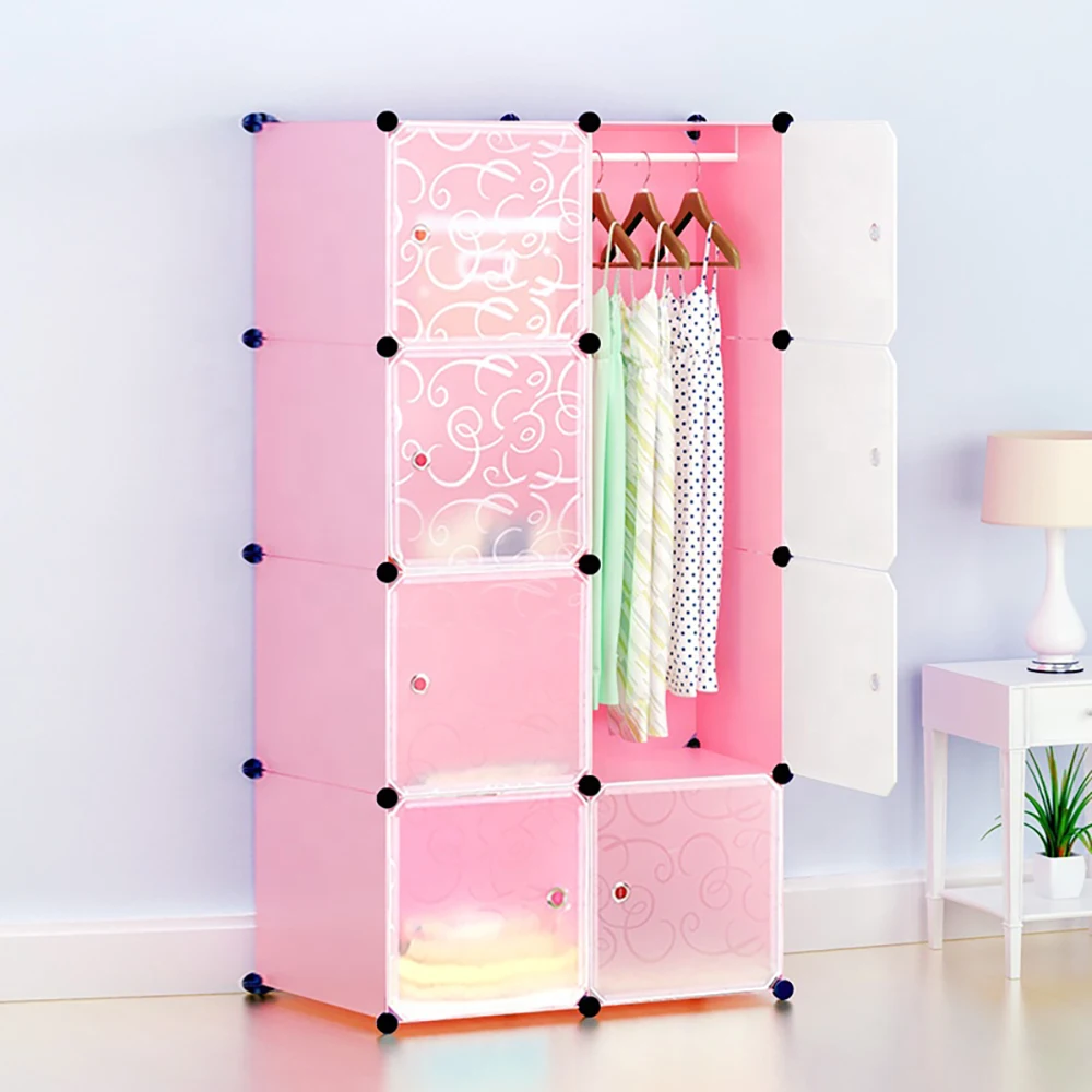 Cheap Plastic Storage Closet Cabinet Stand Sheet Portable Plate Furniture 12 Cubes Pink Wardrobe