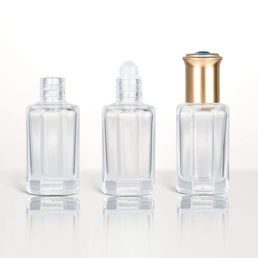 Empty Octagonal Arabian Attar Oud Perfume Glass Bottles Essential Oil 3ml 6ml 9ml 12ml Roll On Bottles With Glass Stick