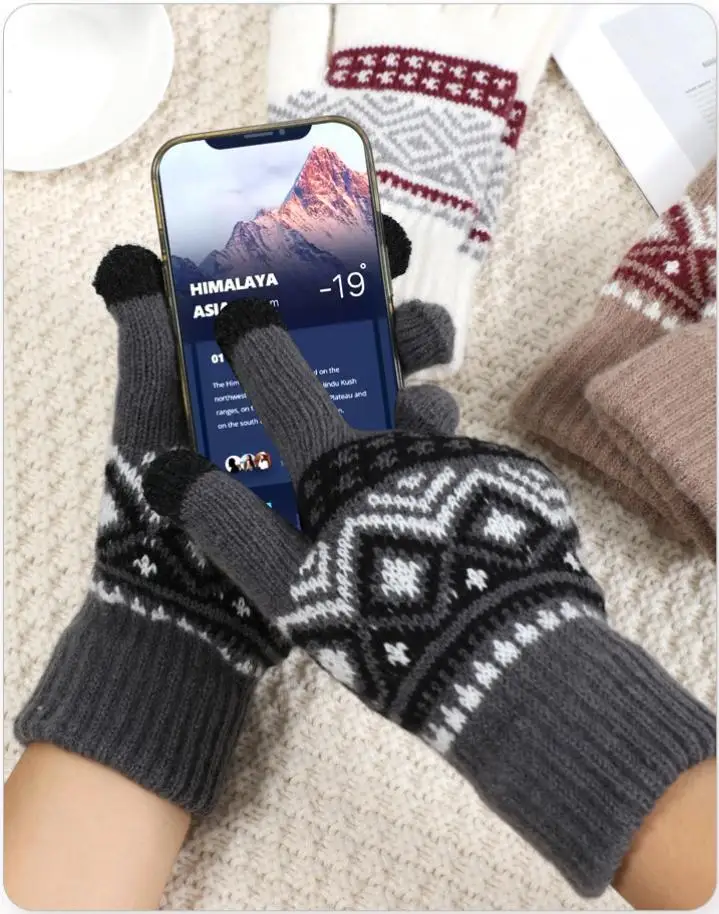 winter jacquard  stretchy knitted unisex warm Touch Screen Knitted Gloves Two Fingers Touch Screen Gloves For Smartphone