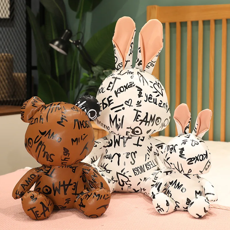 New trend leather plush graffiti printing custom brand logo tide brand custom plush toy teddy bear animal doll