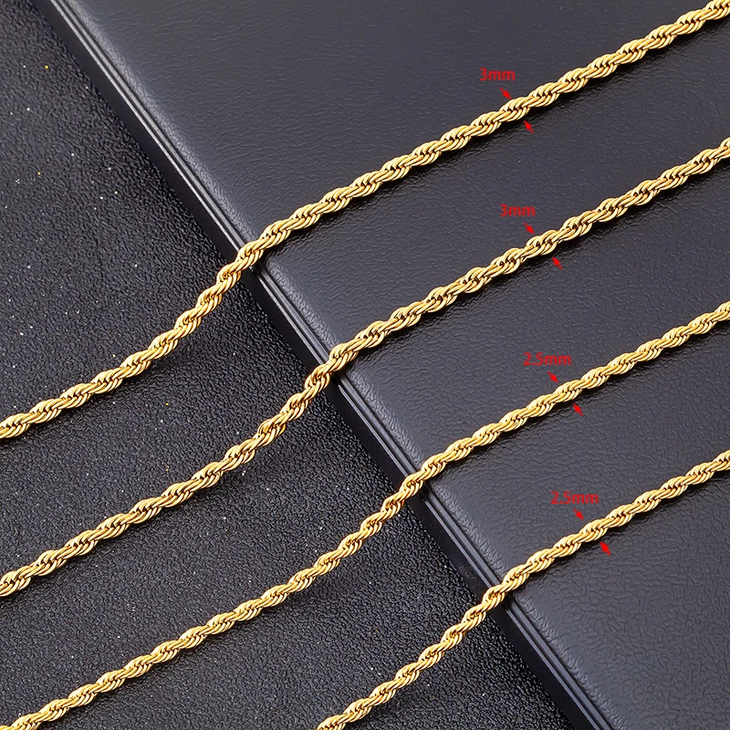 18k Gold Plated Bulk Link Chain Dubai Jewelry 2.5MM 3MM Stainless Steel Link Chain Rope Chain Twist Choker Necklace