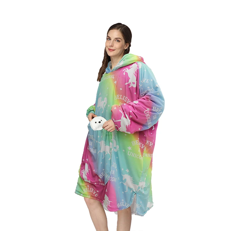 Wholesale  customize rainbow Pegasus hooded wearable blanket  flannel sherpa  oversize  sweatshirt hoodie