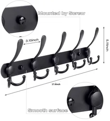 Metal Wall Mounted Coat Rack 5 Tri-Hooks Stainless Steel Towel Shelf for Bathroom Living Room