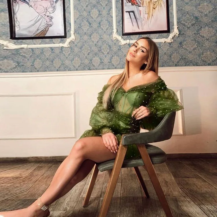 Magicmk Fashion Sexy Off-The-Shoulder Short Skirt Net Gauze Beaded Long Sleeves Women Casual Dress