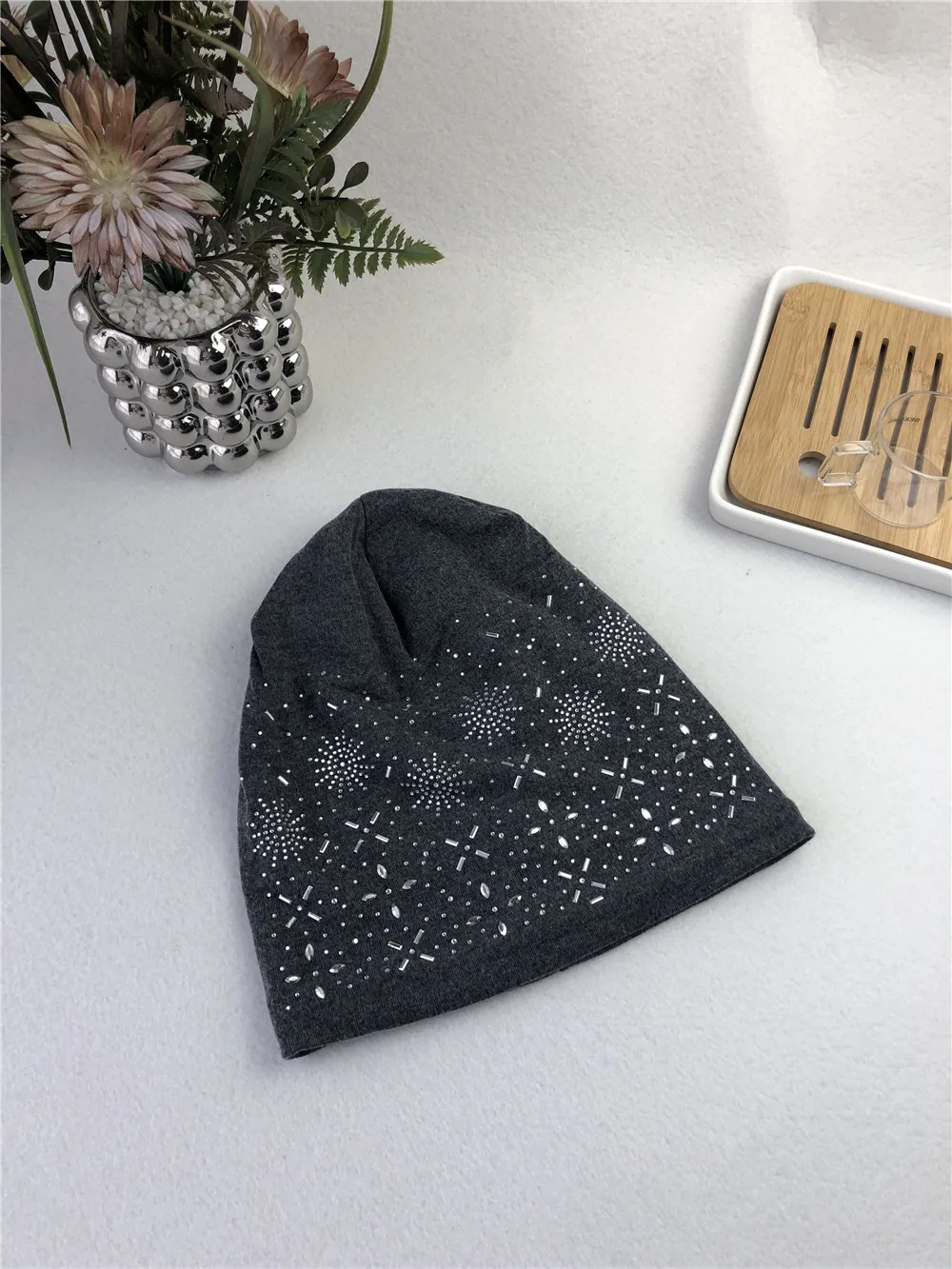 Women Winter Faux Fur Lined Jersey Rhinestones Studded Beanie Muslim Israeli Thick Pattern Print Slouchy Hat with Stones