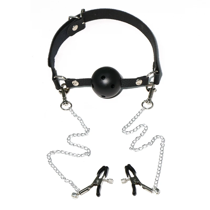 Silicone Breathable Ball Gag with Nipple Clamp Adult BDSM Sex Toys Leather Bondage Kit for Restraints Play