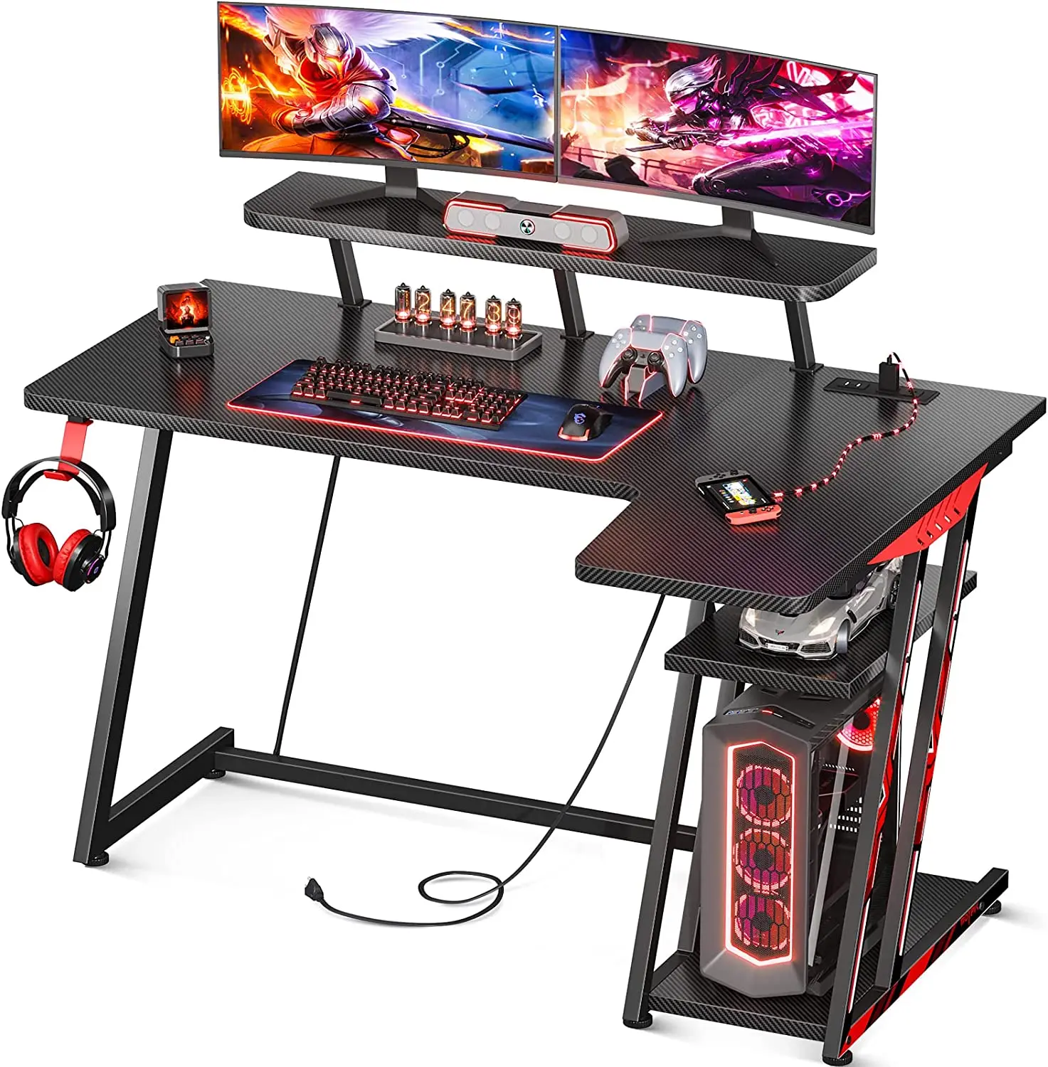 Modern Game Table L-Shaped Computer Table With Power Socket, Small Foot Table With Monitor Rack, Game Table Black 47 Inches